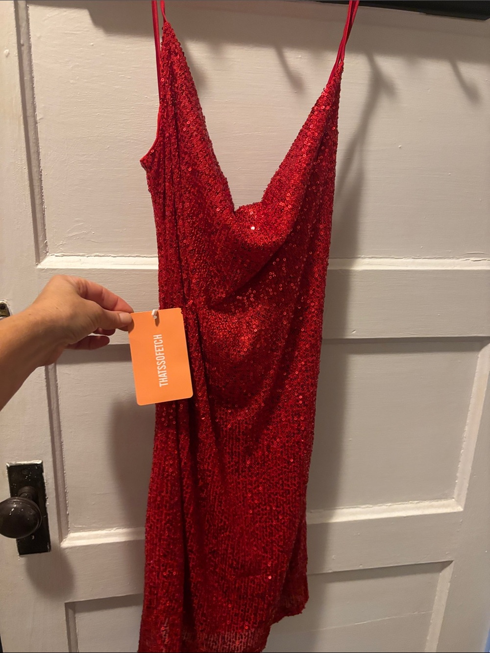 Strapless Red Sequin Cowl Slip Dress